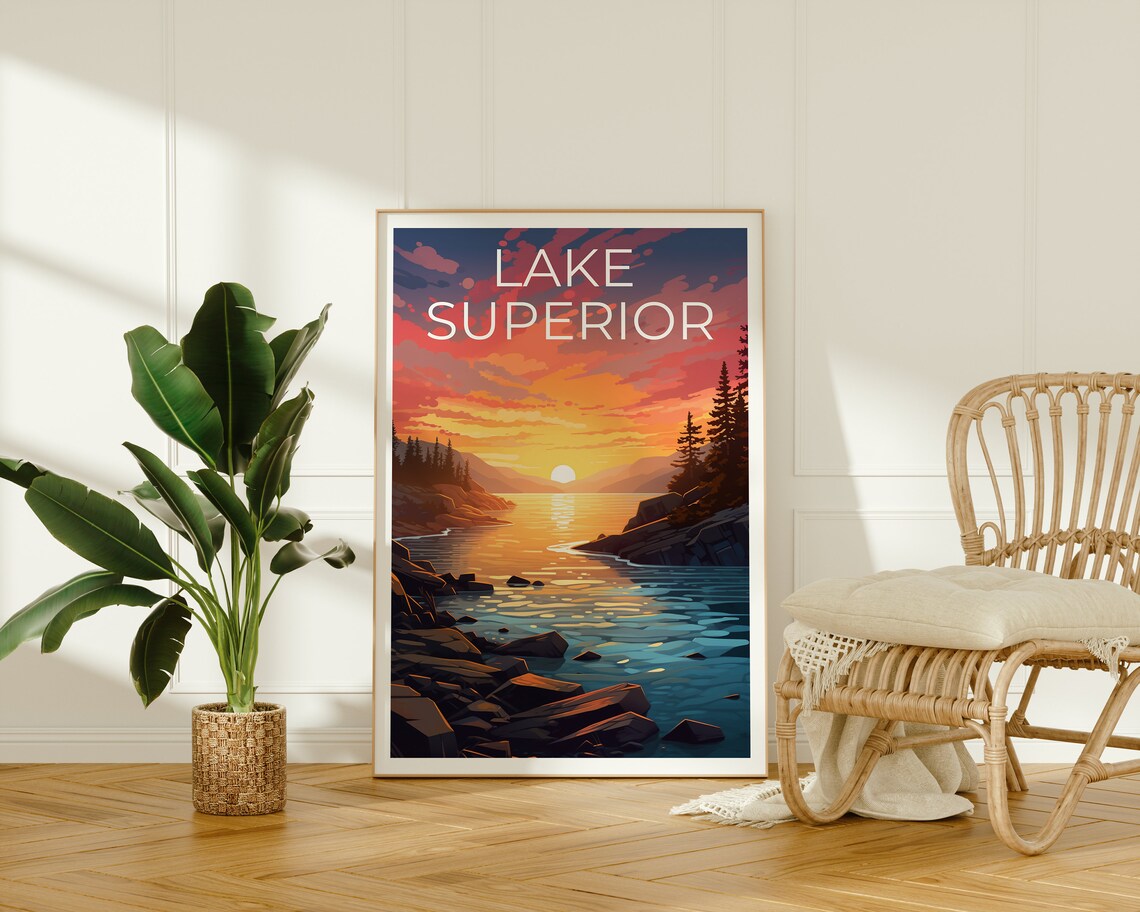Lake Superior Sunset Rocky Shoreline Pines Great Lakes Travel Poster - Image 2
