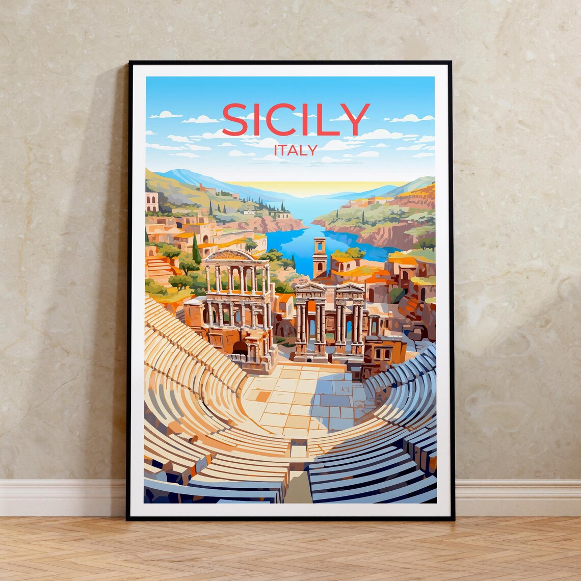 Sicily Italy Ancient Amphitheater Coastal View Travel Poster