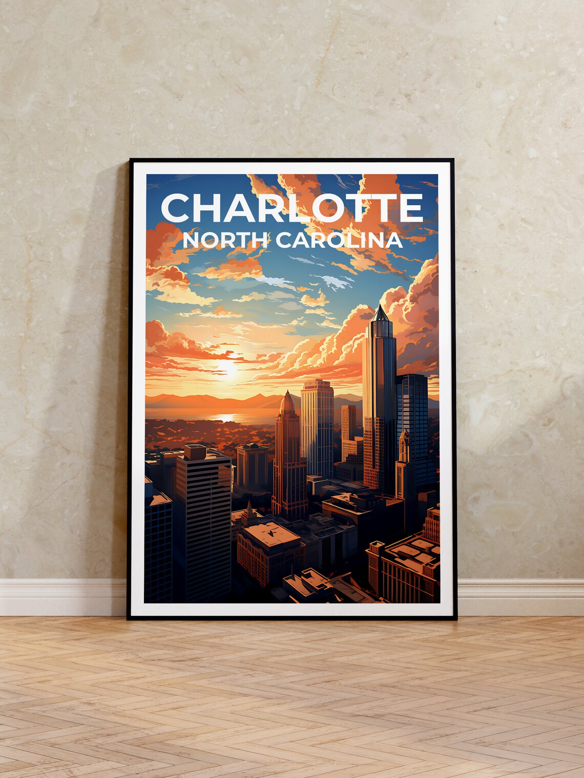 Charlotte North Carolina Skyline Sunset Skyscrapers City Travel Poster