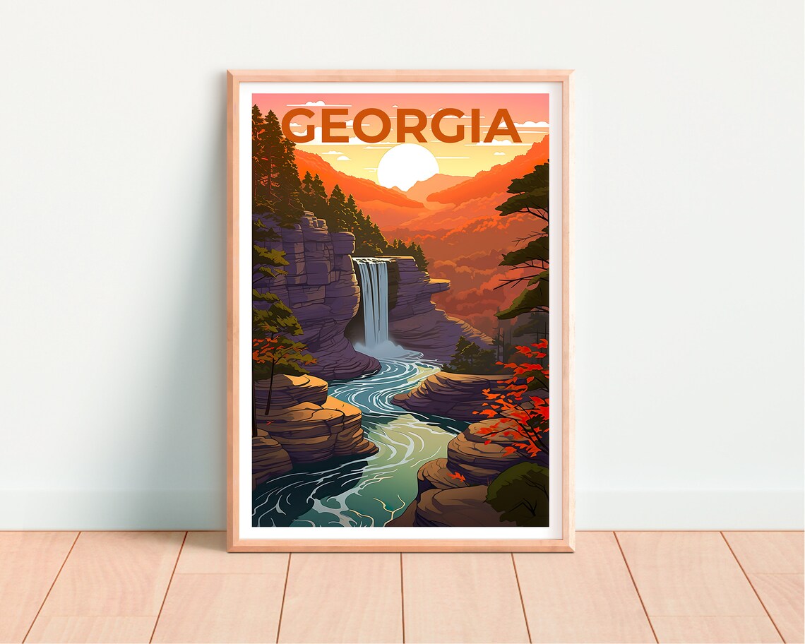 Georgia Forest Waterfall Gorge River Sunset Rocky Canyon Autumn Poster - Image 4