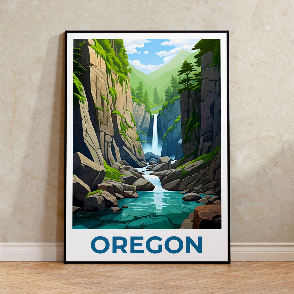 Oregon Gorge Waterfall Mossy Cliffs Turquoise Pool View Poster