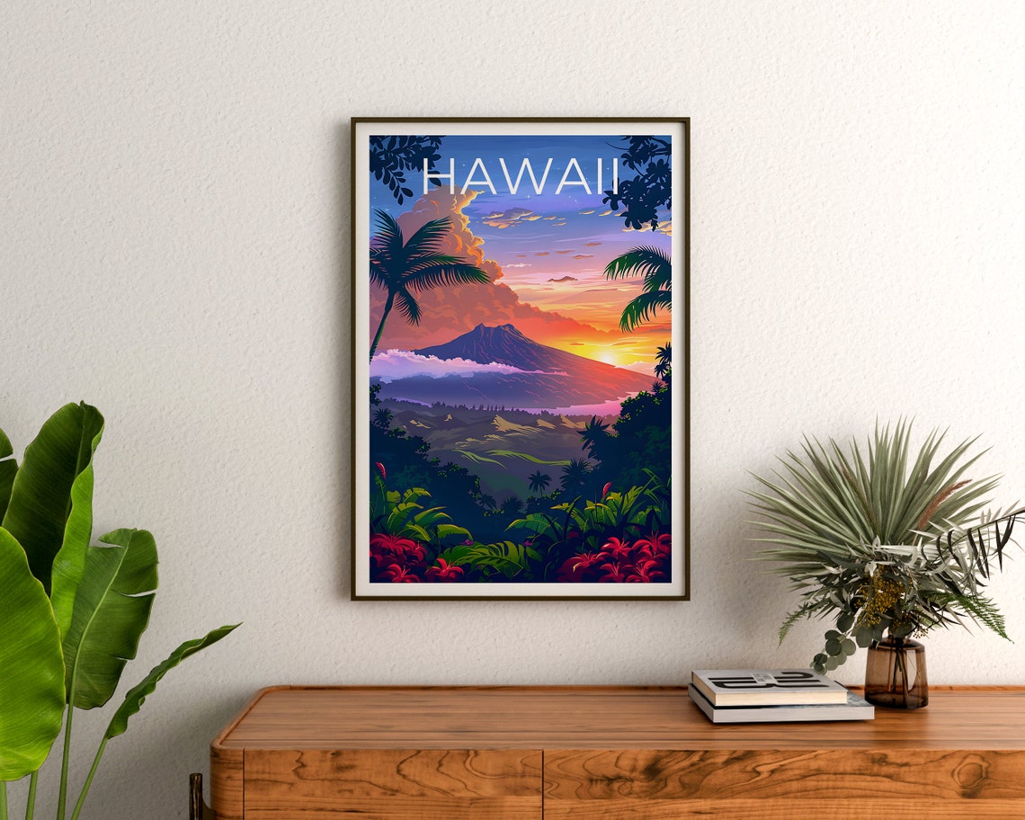 Hawaii Volcano Peak Sunset Clouds Lush Jungle Valley View Poster - Image 2
