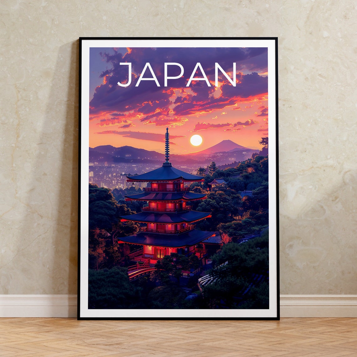 Japan Kyoto Pagoda Sunset Temple Forest Evening View Travel Poster