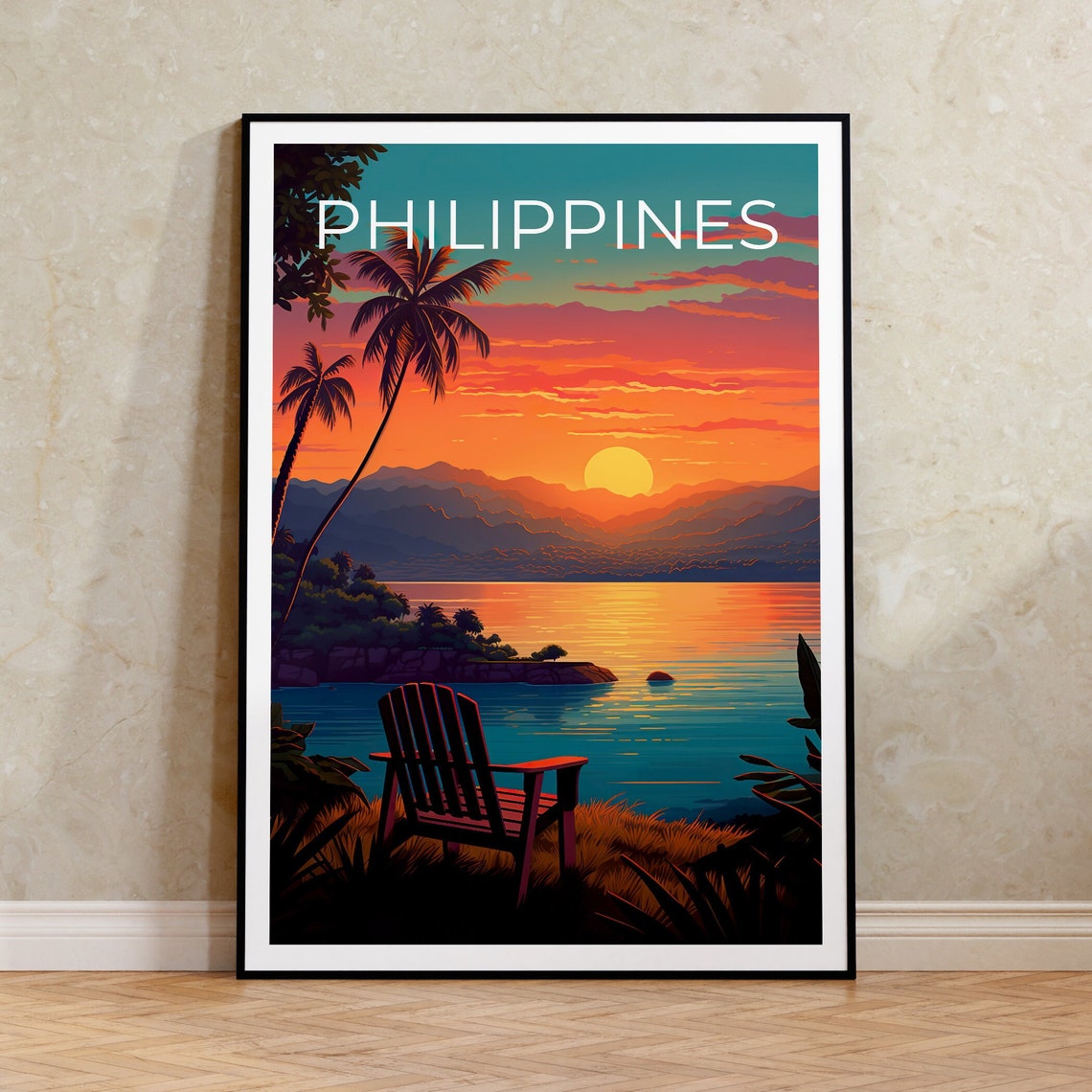 Philippines Tropical Island Sunset Bay Palm Trees View Travel Poster