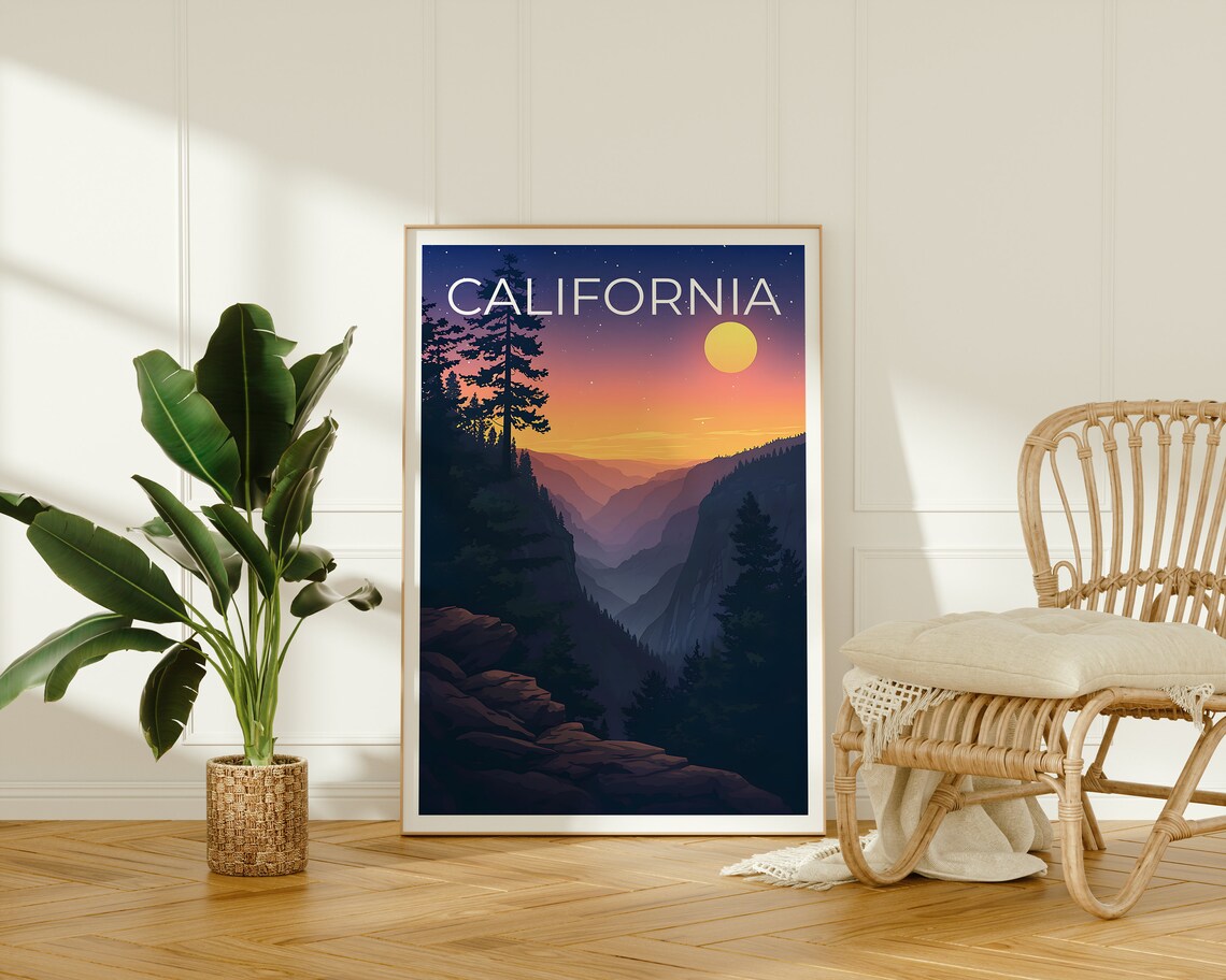 California Mountain Valley Sunset Pine Ridge Moonlit Sky Travel Poster - Image 2