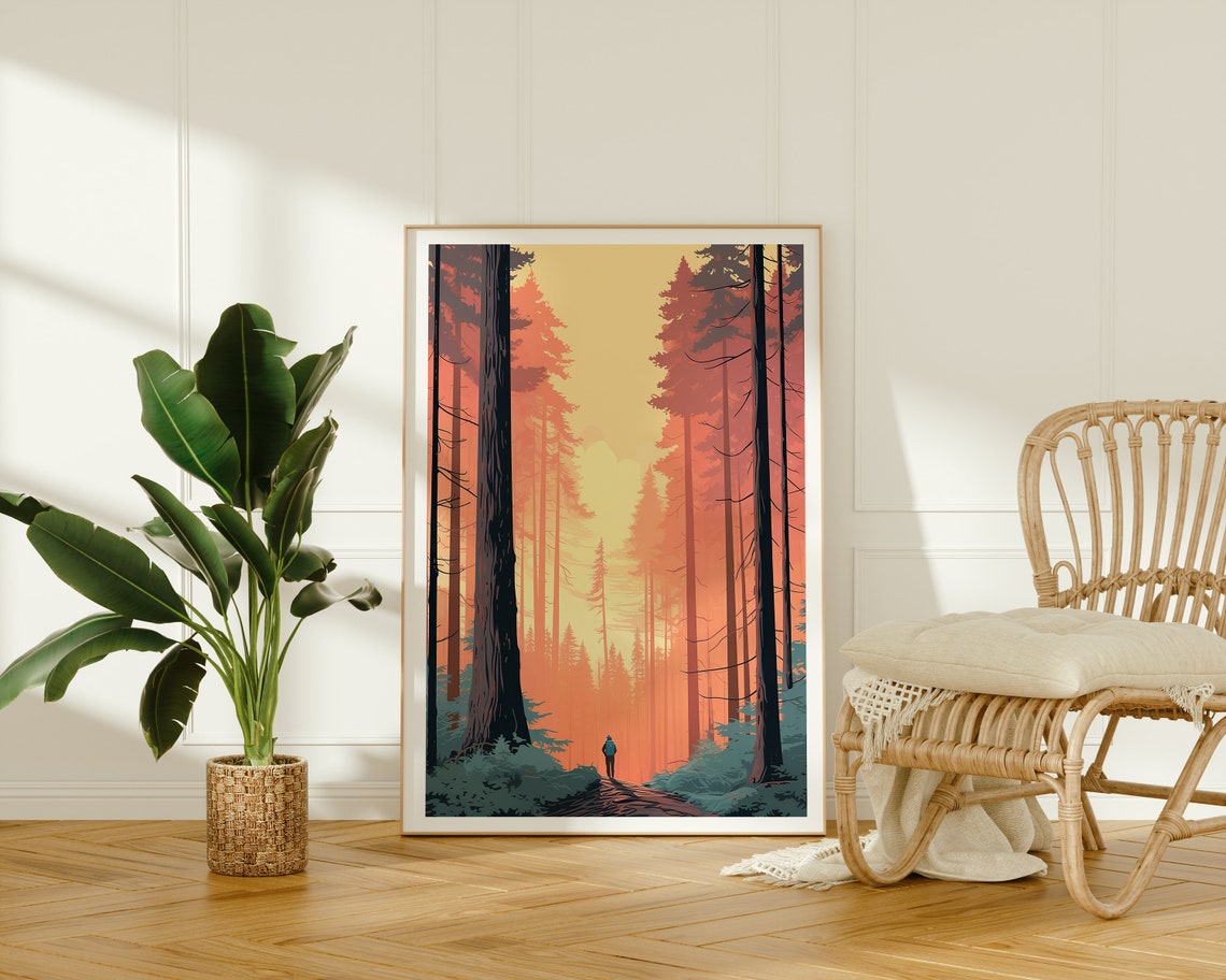 Redwood Forest Towering Trees Golden Light Hiker Trail Art Poster - Image 2
