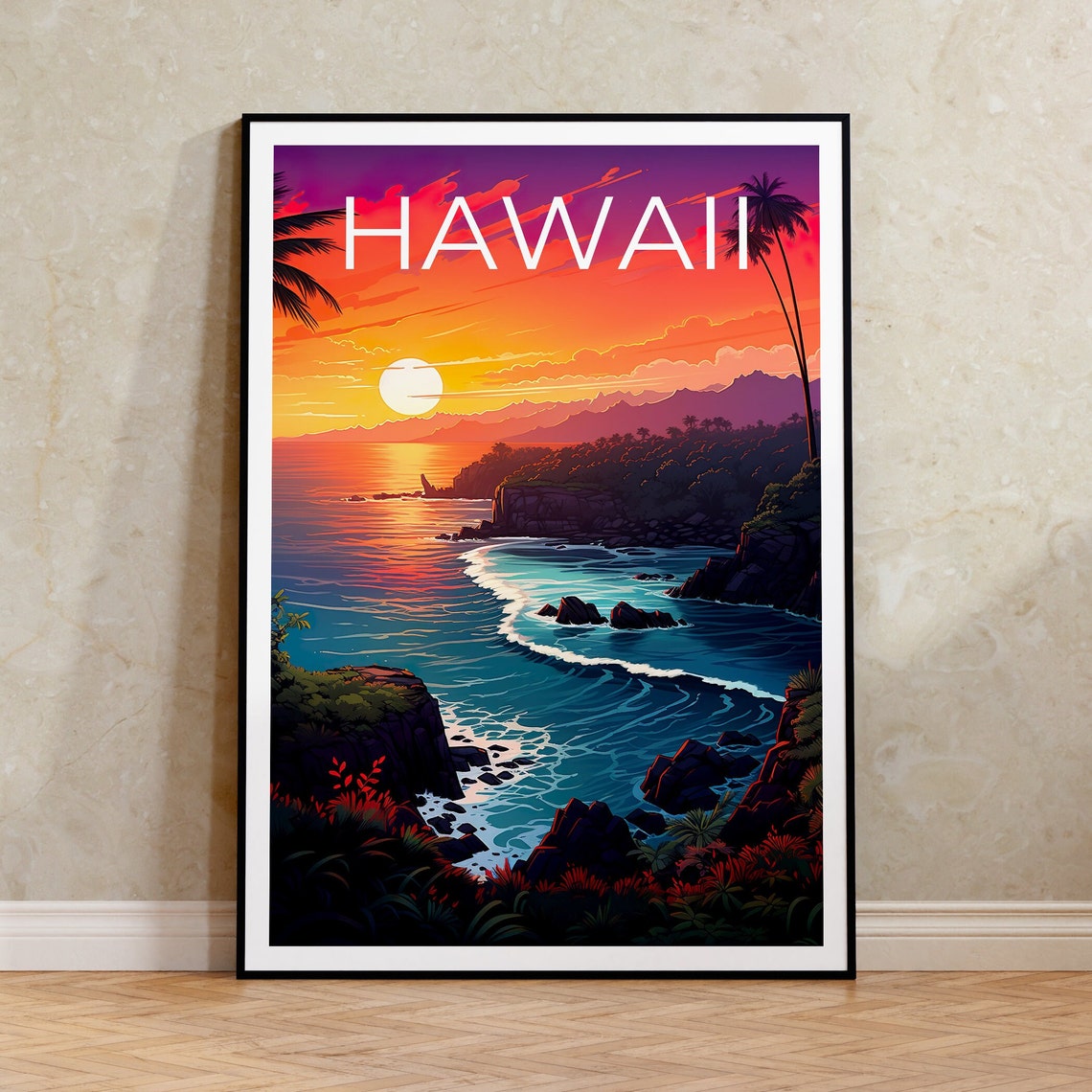 Hawaii Ocean Sunset Rocky Cove Cliffs Teal Waves Travel Poster