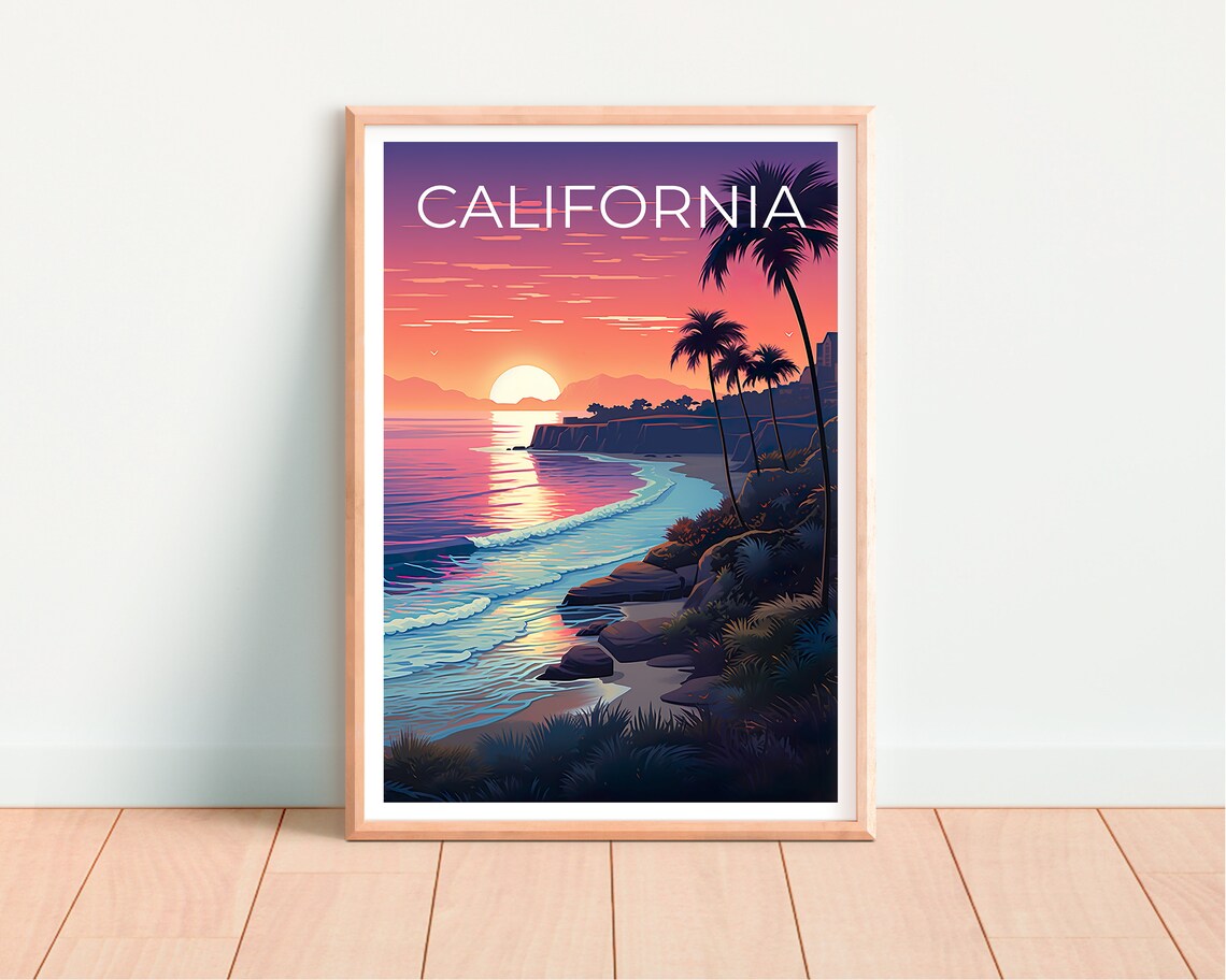 California Beach Sunset Palm Trees Pink Sky Ocean Waves Travel Poster - Image 4