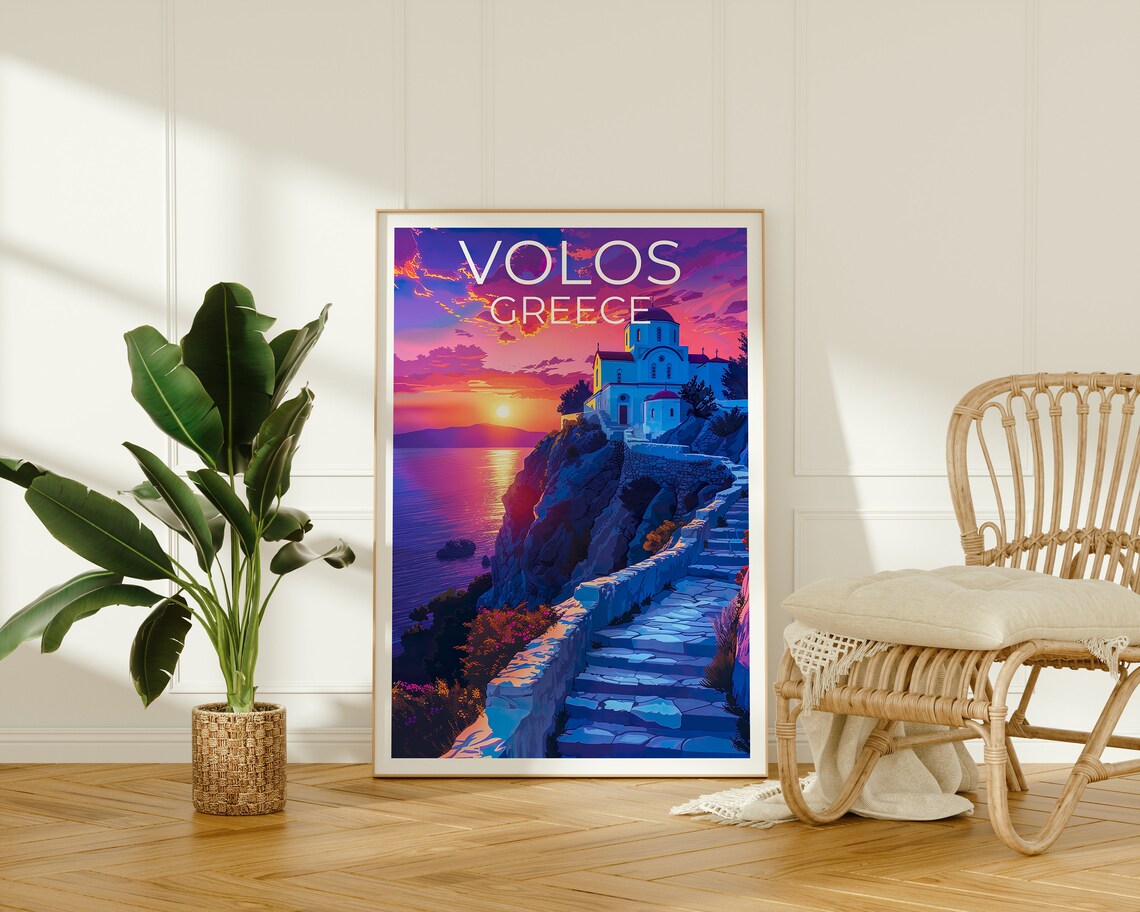 Volos Greece White Cliff Church Sunset Stairs Aegean Sea View Poster - Image 2