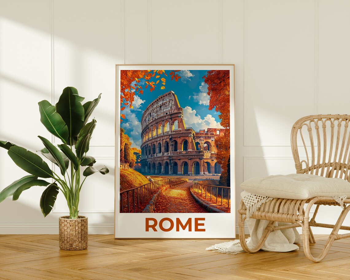 Rome Italy Colosseum Autumn Leaves Golden Path Landmark Travel Poster - Image 2