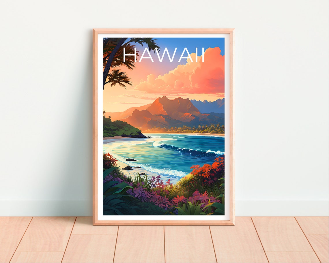 Hawaii Island Beach Sunset Surf Waves Palm Tree Coast Poster - Image 4