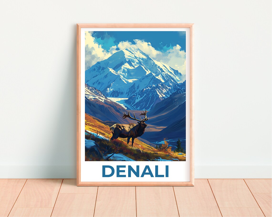 Denali Alaska Snowy Mountain Elk Autumn Meadow Golden Hour Poster - Image 4