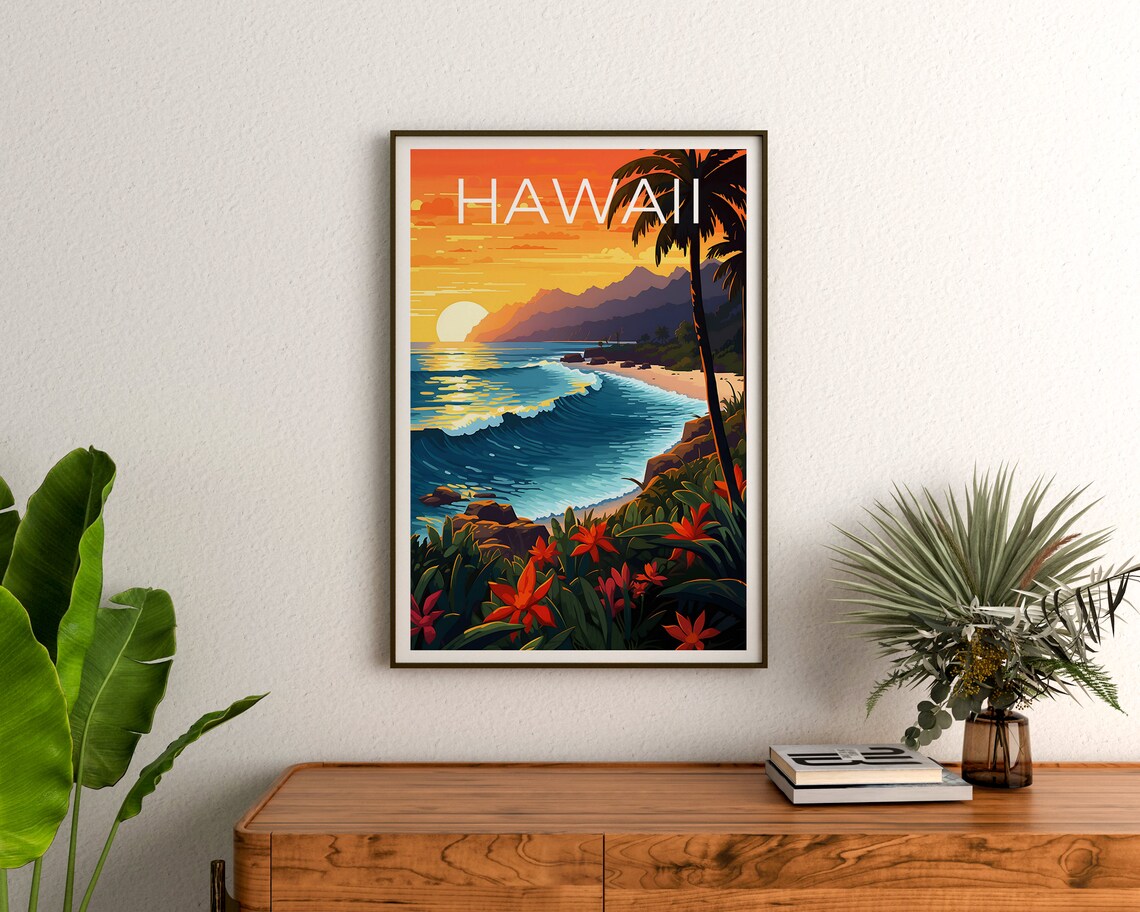 Hawaii Tropical Beach Sunset Palm Wave Golden Hour Travel Poster - Image 3
