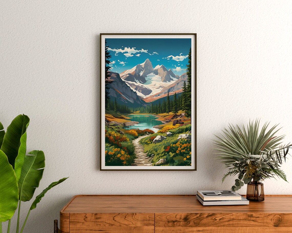 Swiss Alps Snowy Glacier Peak Wildflower Meadow Lake Trail Poster - Image 3