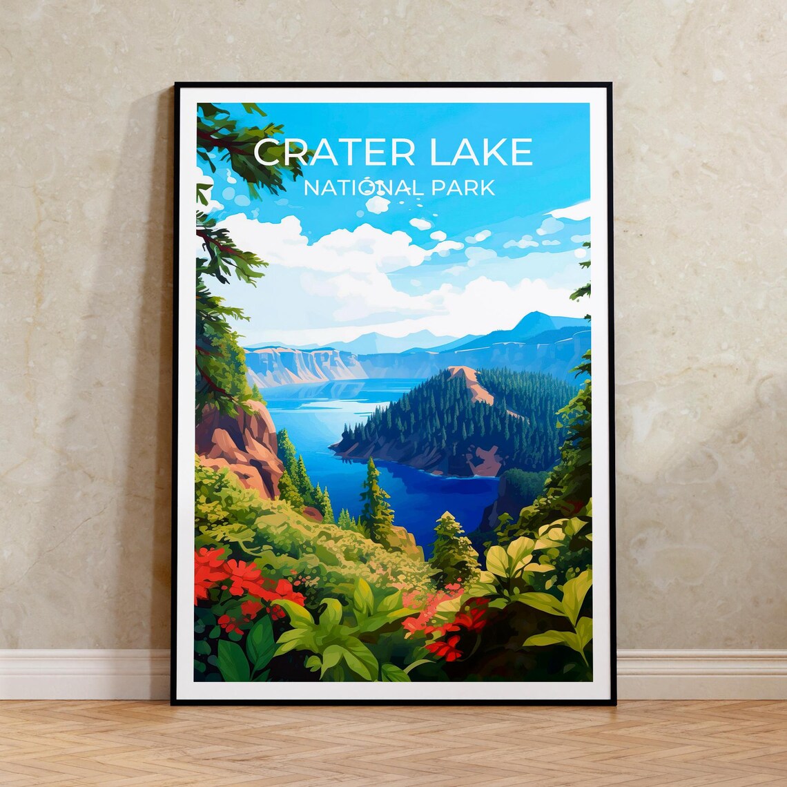 Crater Lake Travel Poster, Oregon Lake Landscape