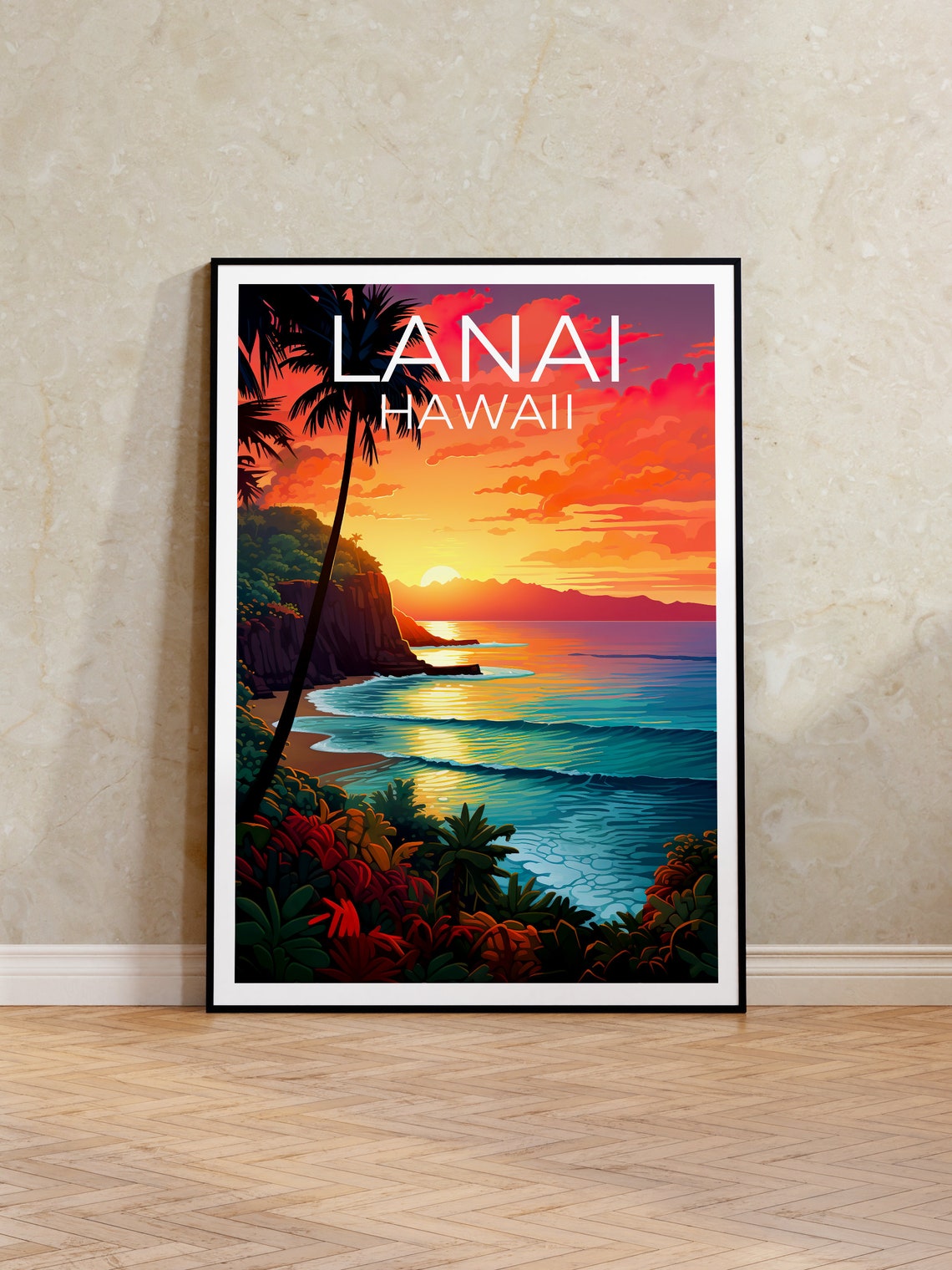 Lanai Hawaii Beach Sunset Palm Tree Ocean View Tropical Travel Poster