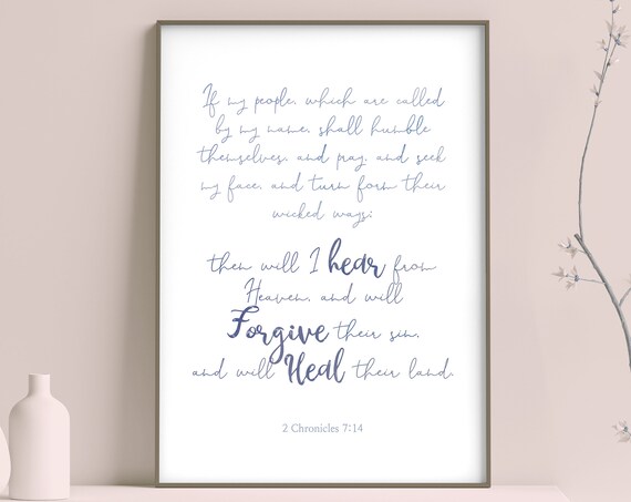 2 Chronicles 7:14 If My People Blue Script Christian Prayer Wall Art