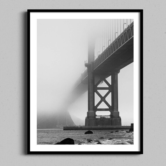 Golden Gate Bridge Tower in Fog Black and White Photo Poster