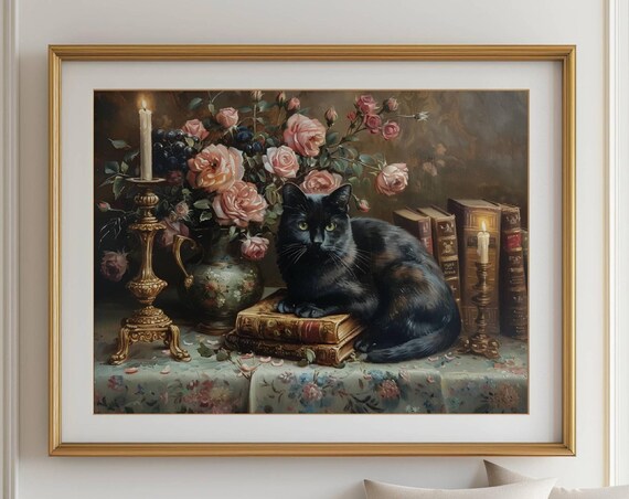 Black Cat On Vintage Books With Pink Roses And Lit Candles Poster