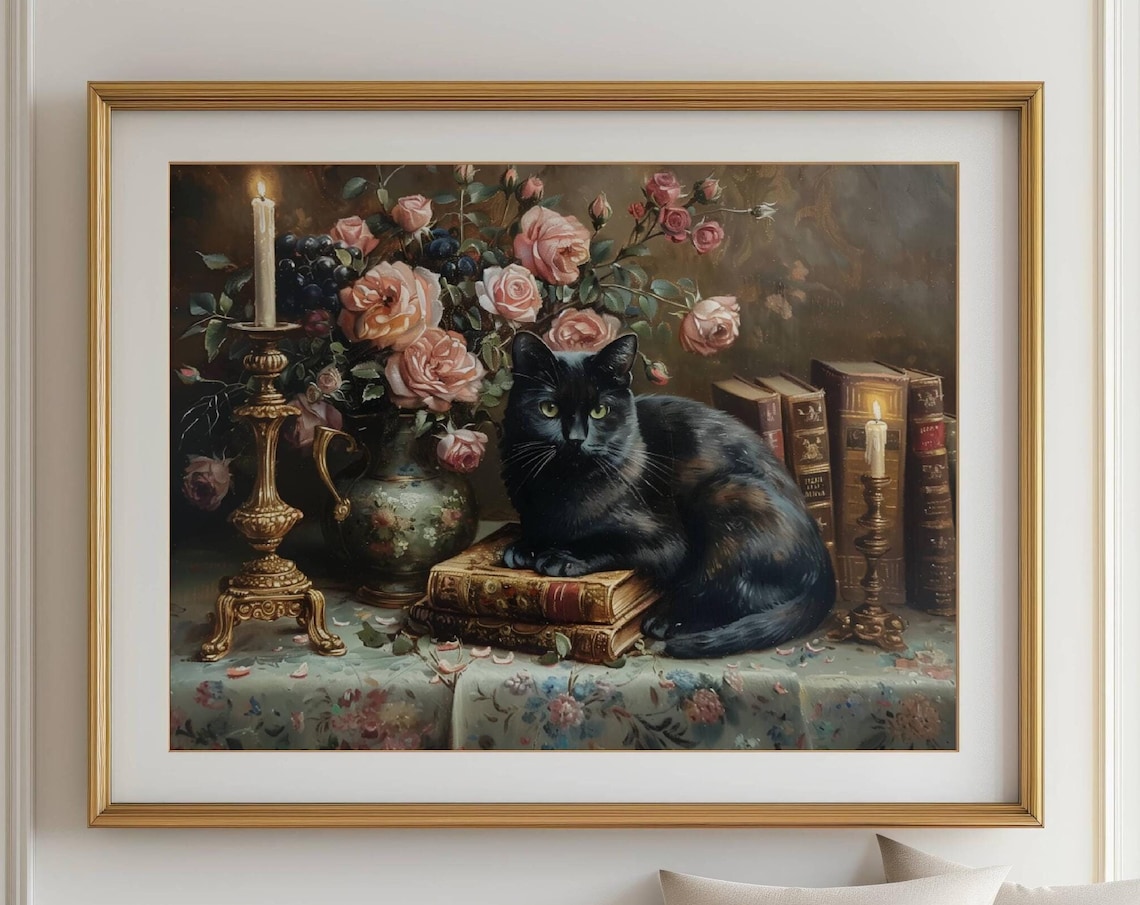 Black Cat On Vintage Books With Pink Roses And Lit Candles Poster