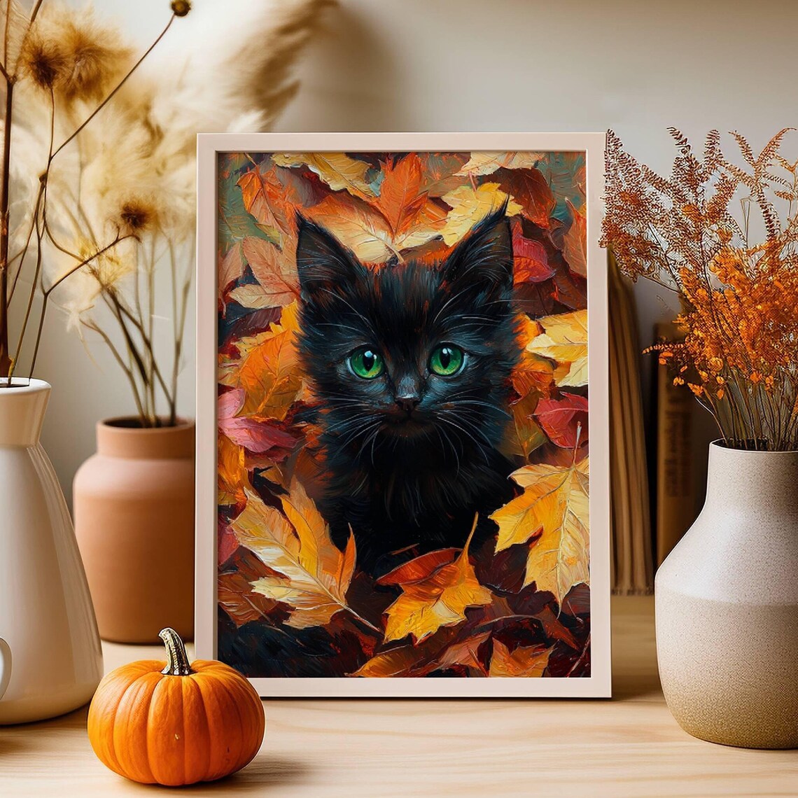 Black Kitten With Green Eyes Among Autumn Fall Leaves Poster