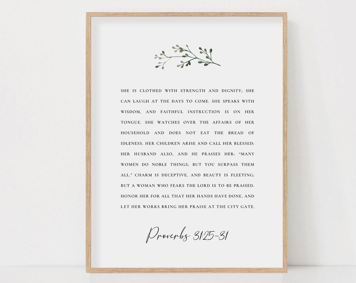 Proverbs 31:25-31 Virtuous Woman Scripture Verse Botanical Poster