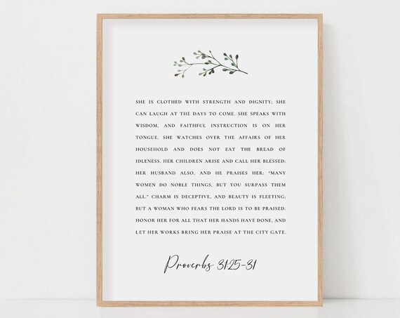 Proverbs 31:25-31 Virtuous Woman Scripture Verse Botanical Poster