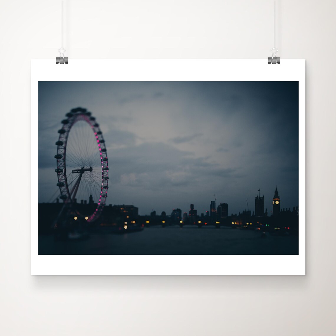 London at Dusk London Eye and Big Ben Night Cityscape Photo Print