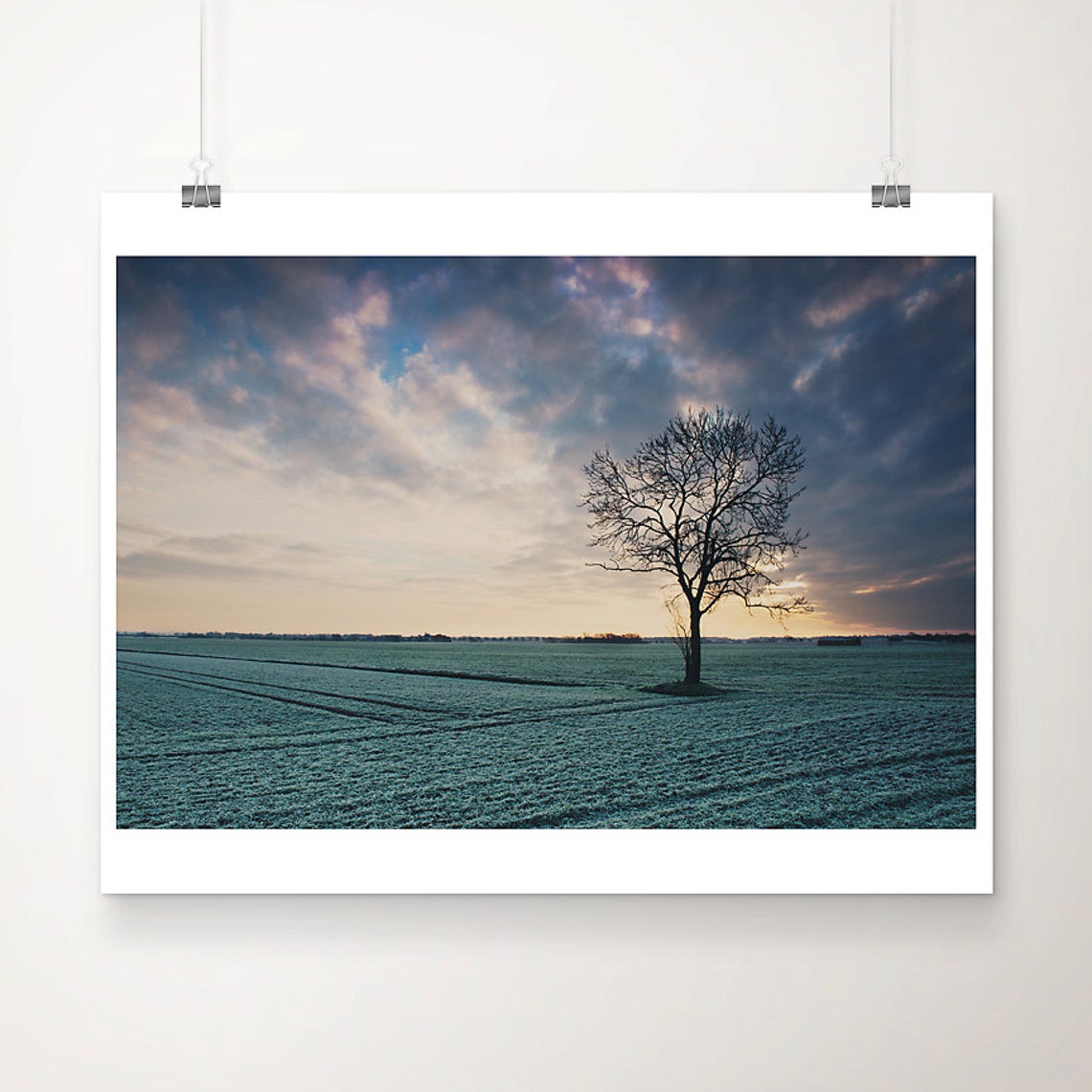 Lone Tree Frosty Field Sunrise Dramatic Sky Nature Art Poster