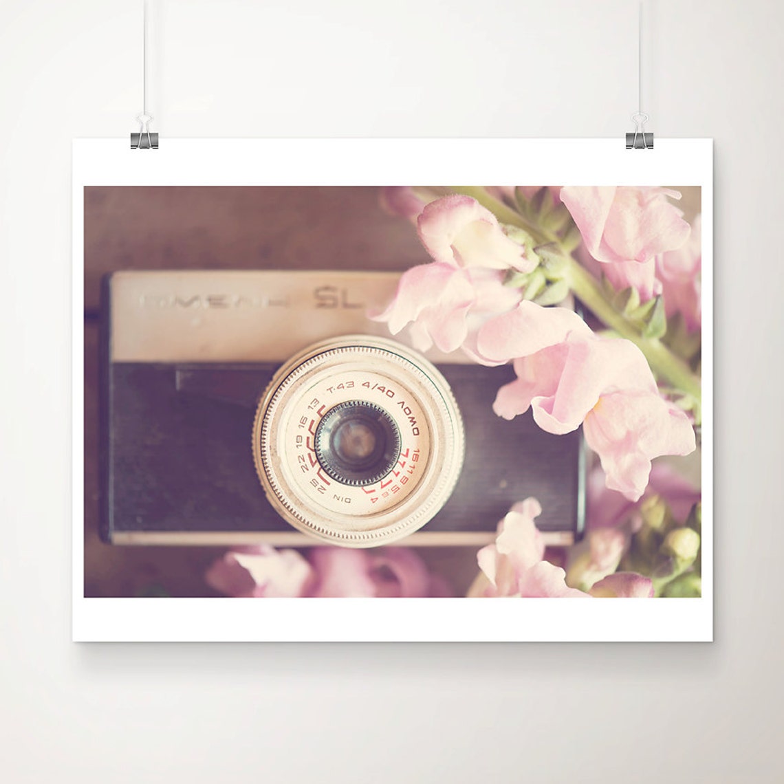 Vintage Smena Camera with Soft Pink Flowers Still Life Photo Poster
