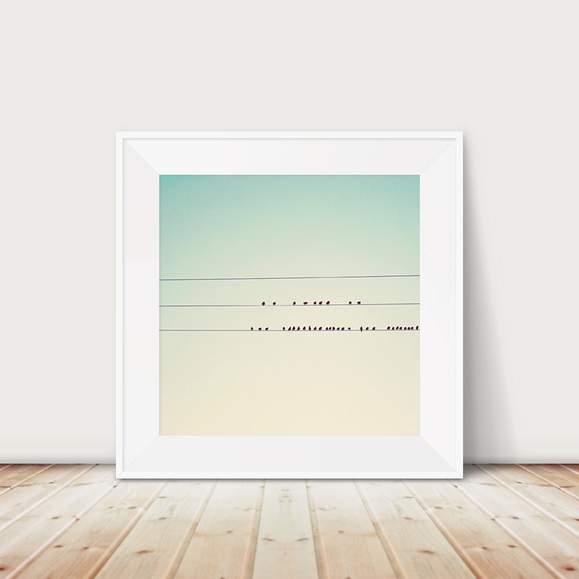 Birds on a Wire Silhouette Mint Green Sky Minimal Photography Print