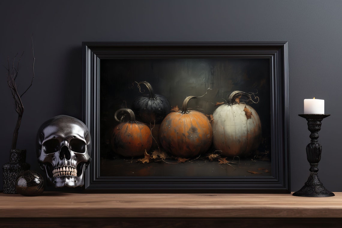 Moody Black And Orange Pumpkins Dark Fall Still Life Oil Painting - Image 5