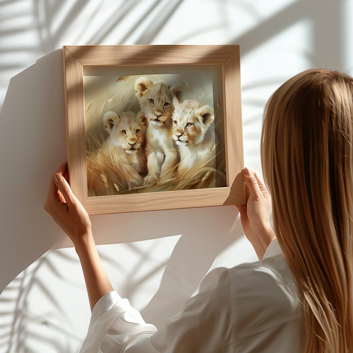 Three Lion Cubs In Golden Grass Safari Wildlife Oil Painting Print - Image 3