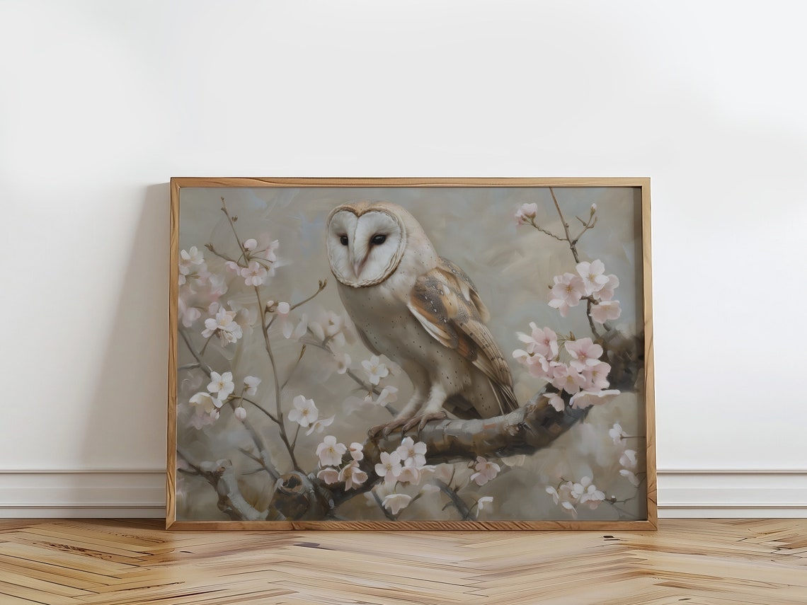 Barn Owl Cherry Blossom Branch Pink Spring Bird Wildlife Art Print - Image 3