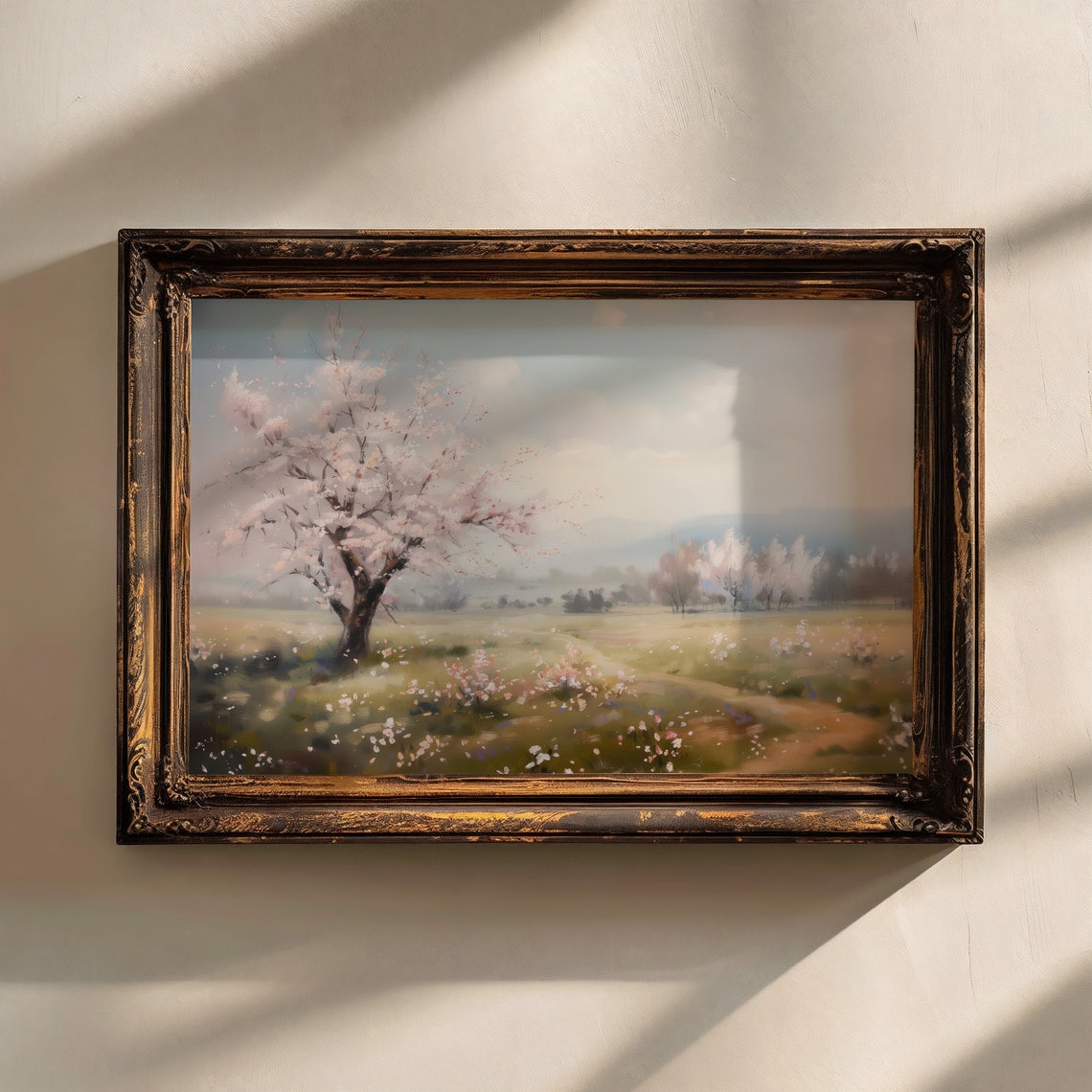 Cherry Blossom Tree Spring Meadow Pink Floral Landscape Wall Art - Image 2