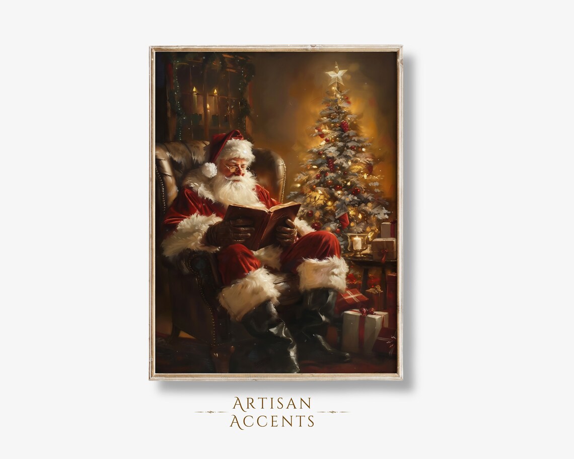 Santa Claus Reading Book Armchair Christmas Tree Gifts Vintage Print