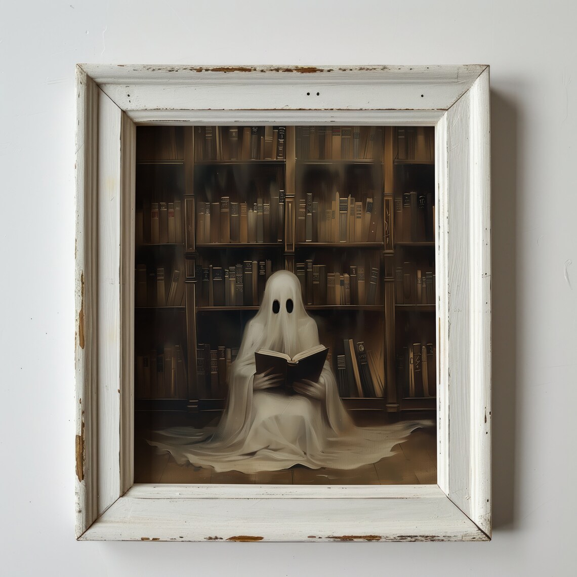 Cute Ghost Reading Book Library Dark Academia Halloween Oil Painting Poster - Image 4