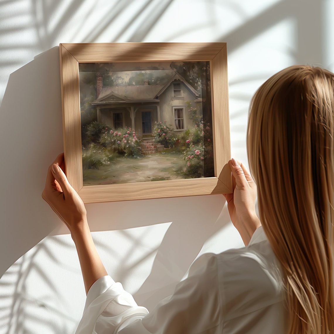 Charming Cottage With Pink Roses Vintage Garden Oil Painting Print - Image 2