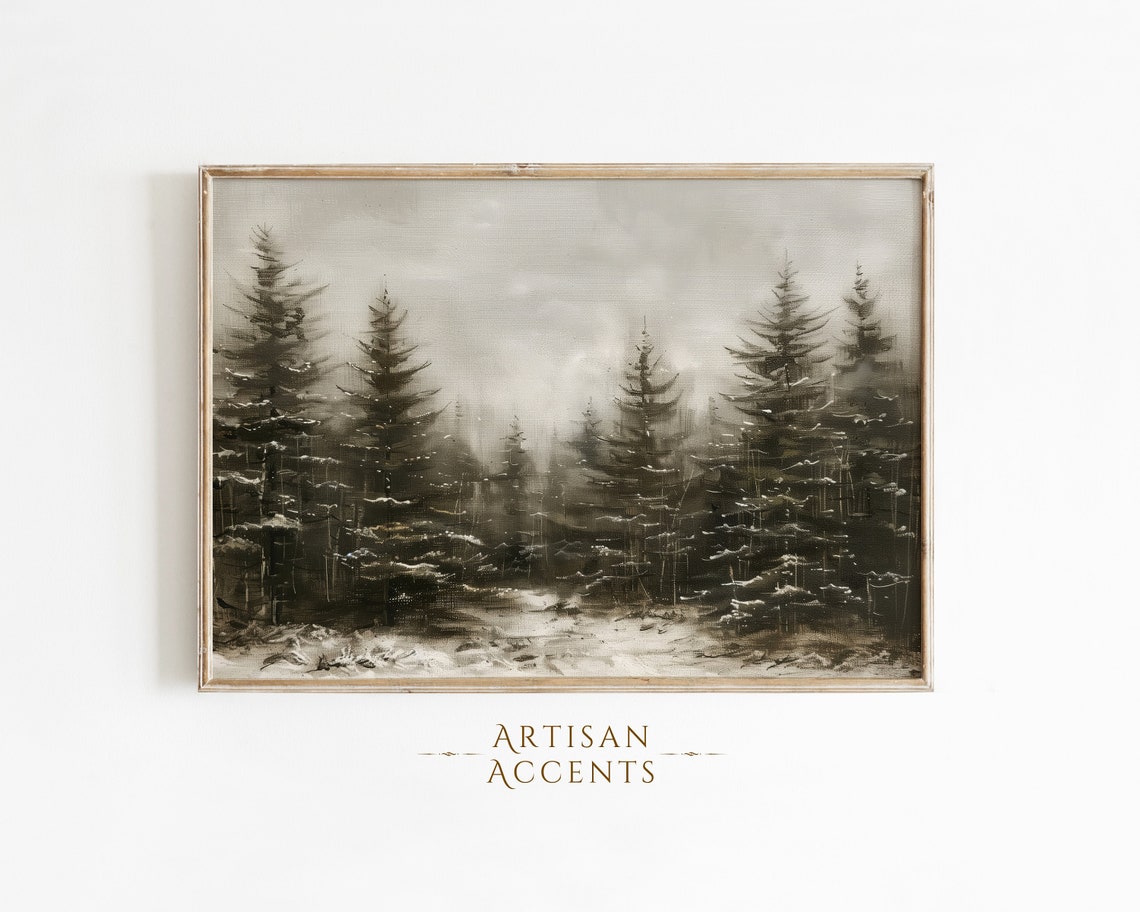 Snowy Pine Forest Winter Trees Monochrome Christmas Landscape Print