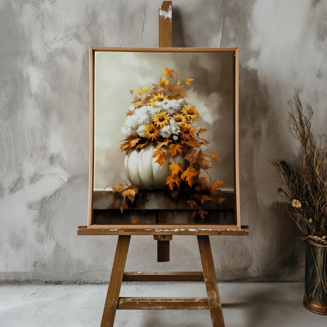 Autumn Pumpkin Vase Sunflowers Fall Leaves White Blooms Floral Art Poster - Image 2