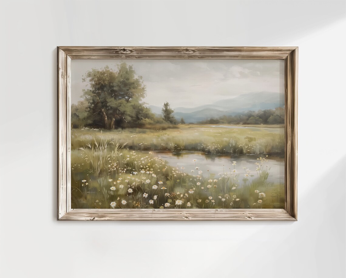 Meadow Pond With Daisies Spring Wildflower Landscape Oil Painting - Image 5