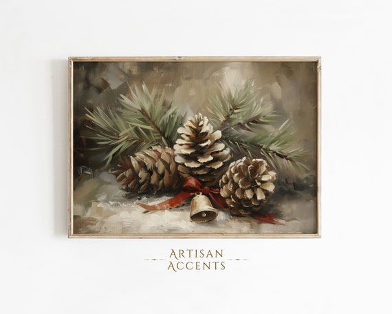 Christmas Pinecones Oil Painting Holiday Art Print