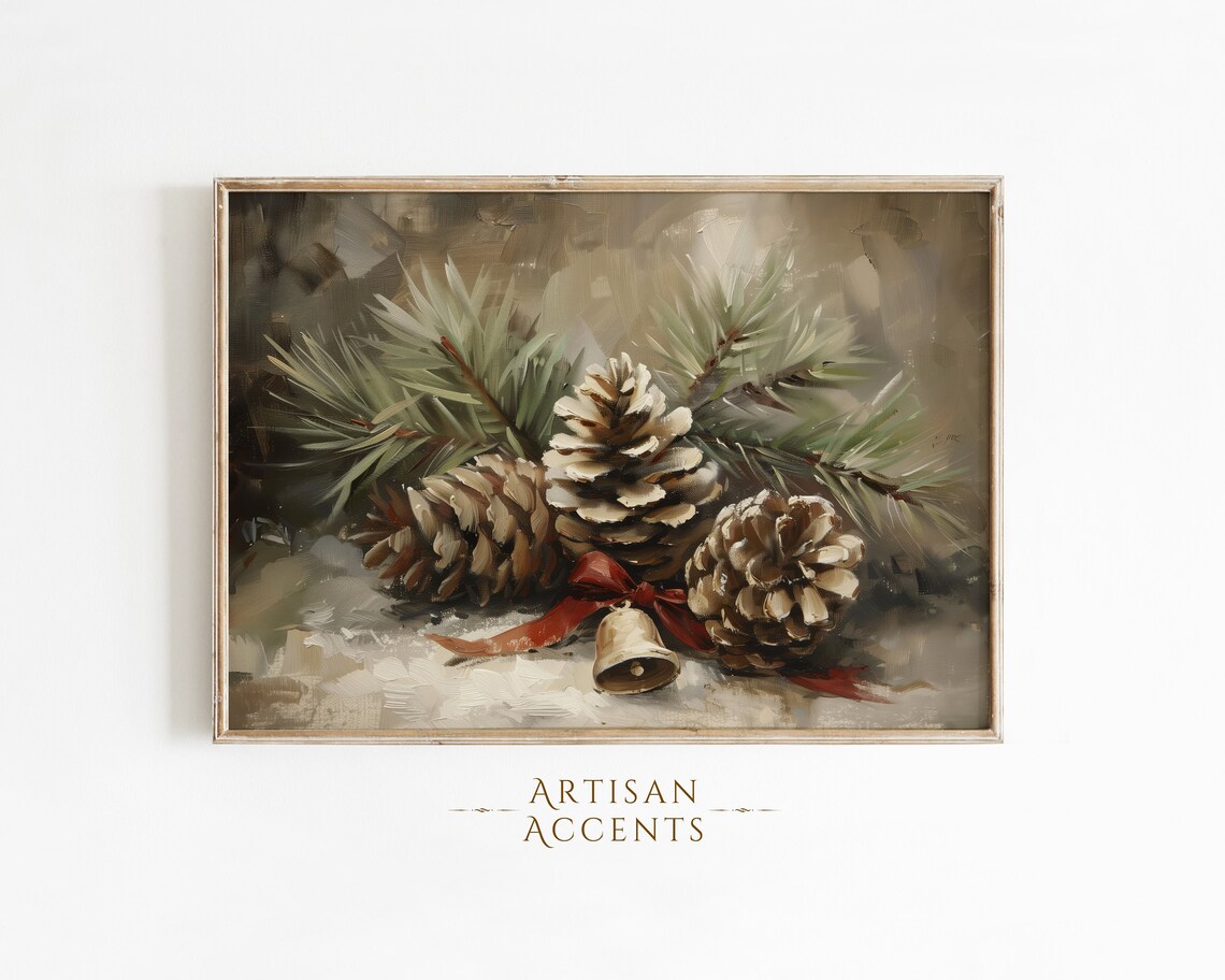Christmas Pinecones Oil Painting Holiday Art Print
