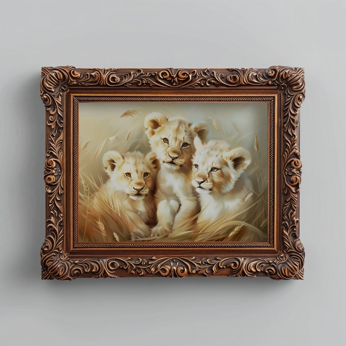 Three Lion Cubs In Golden Grass Safari Wildlife Oil Painting Print - Image 4