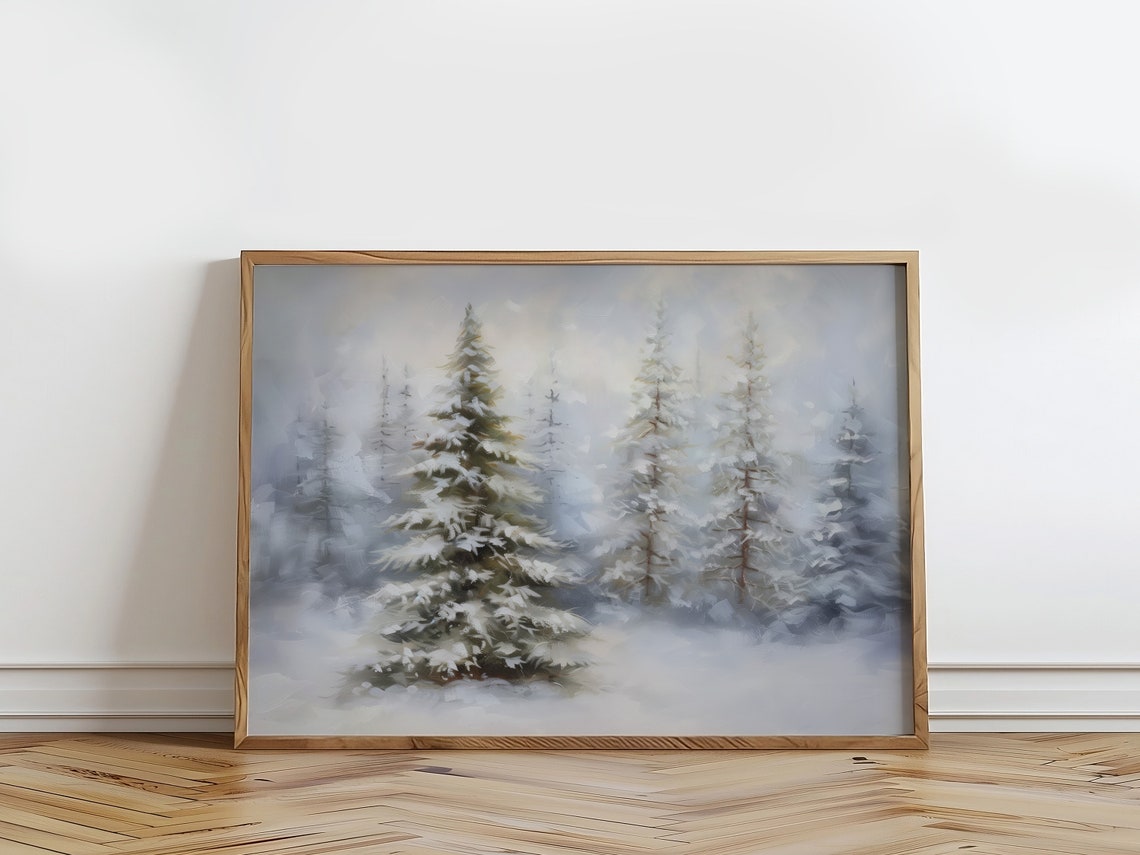 Snow Covered Pine Trees Misty Winter Forest Vintage Painting Print - Image 3