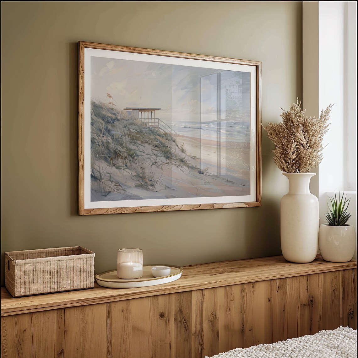 Beach Dunes With Lifeguard Stand Serene Coastal Oil Painting Wall Art - Image 3