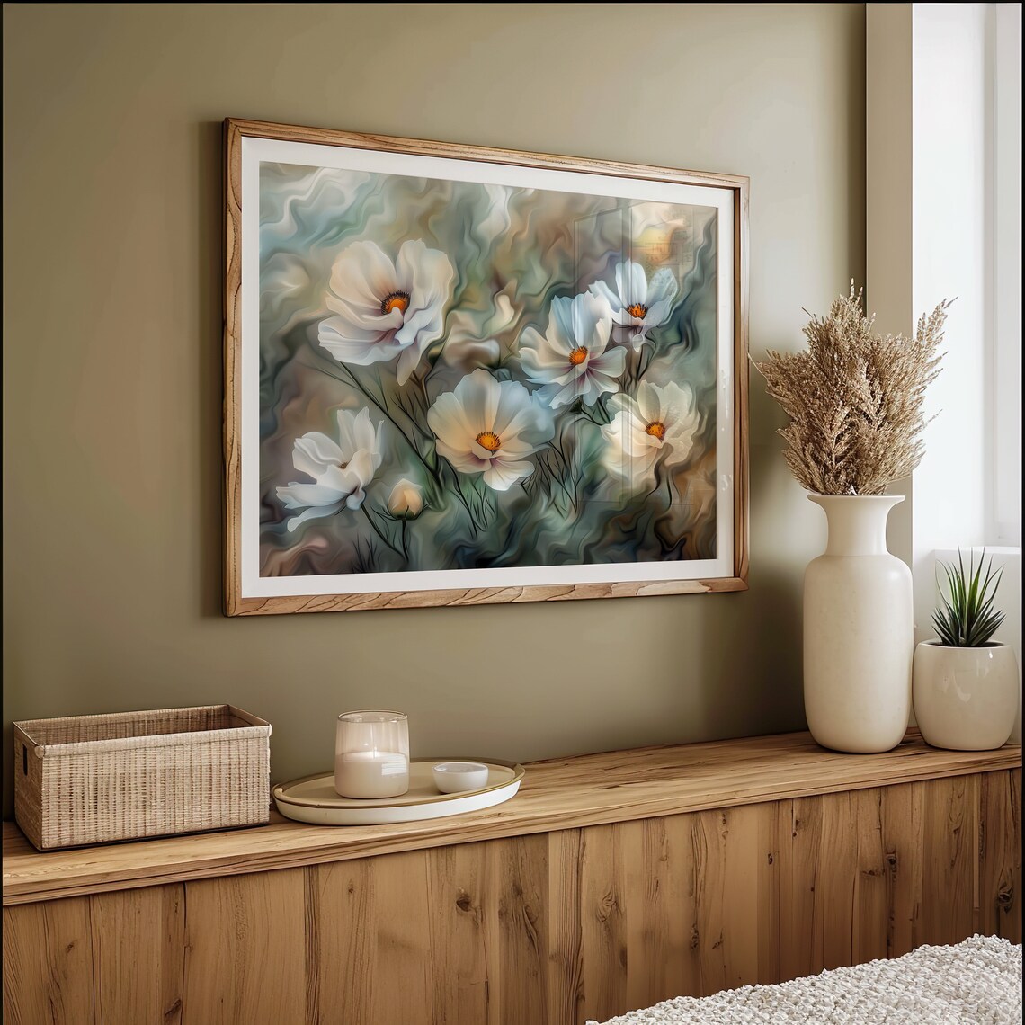 White Cosmos Flowers Abstract Floral Oil Painting Botanical Wall Art - Image 3