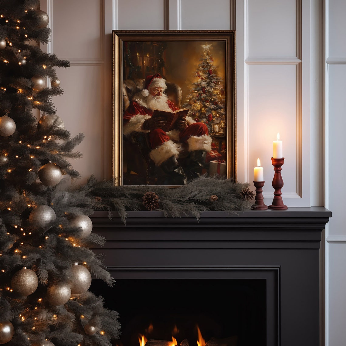 Santa Claus Reading Book Armchair Christmas Tree Gifts Vintage Print - Image 2