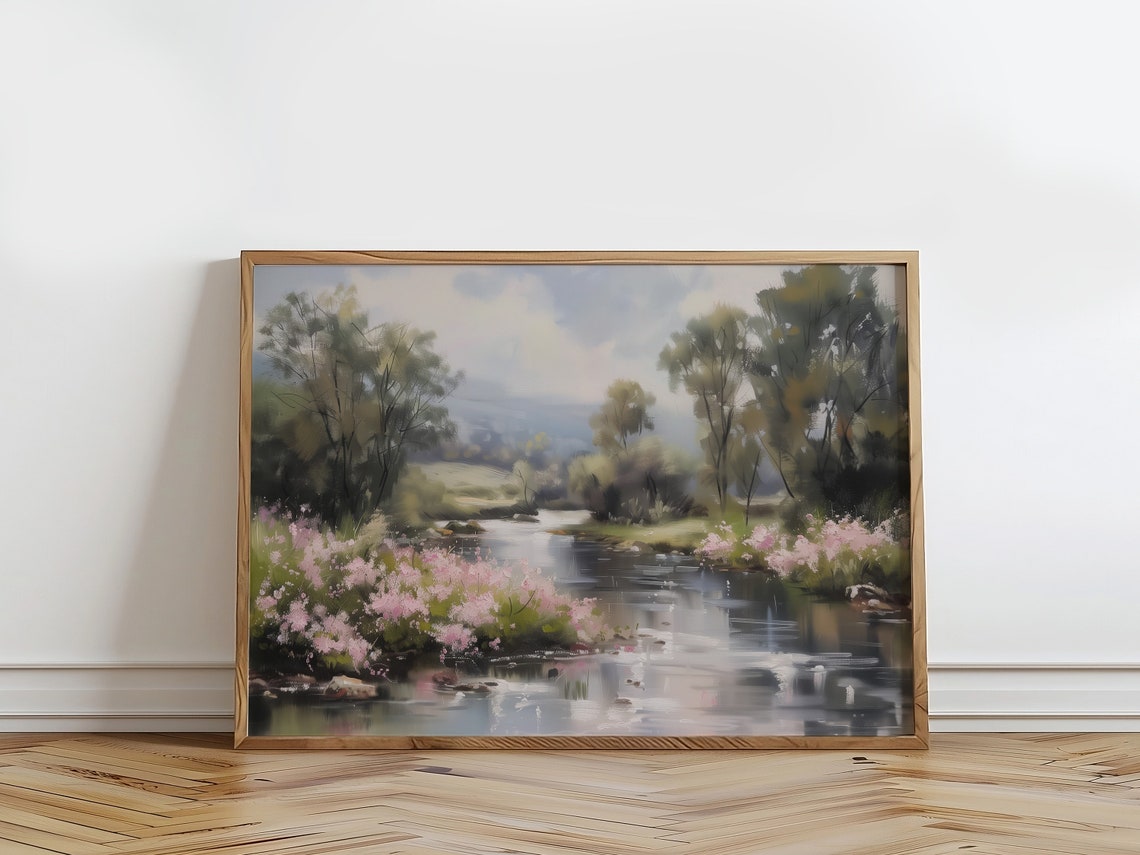 Wildflower River Banks Pink Blossoms Serene Landscape Painting Print - Image 4