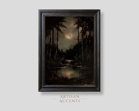 Moonlit Dark Forest Pond Gothic Moody Landscape Oil Painting Print